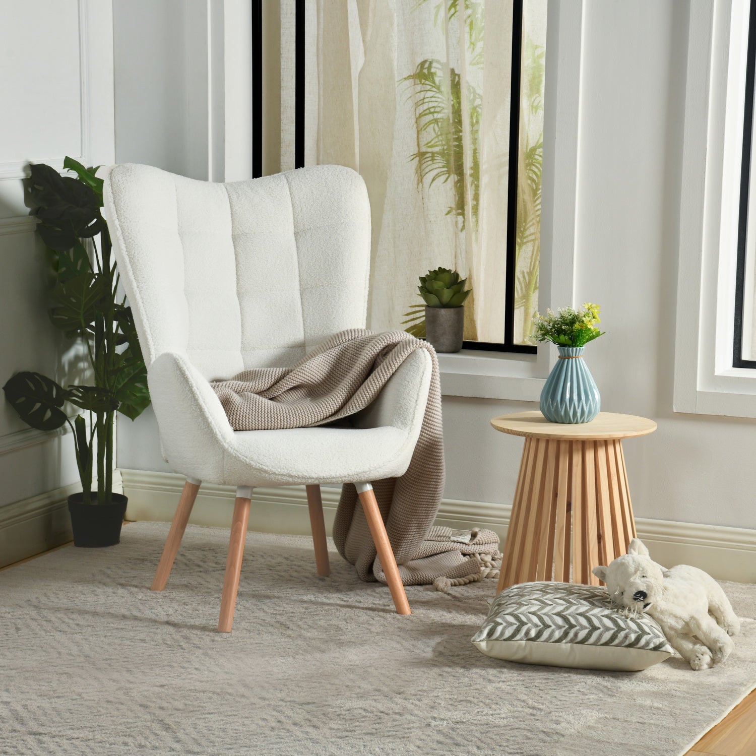 Fauteuil scandinave avec accoudoirs en tissu mouton bouclette beige à surpiqûres - FUNKEL