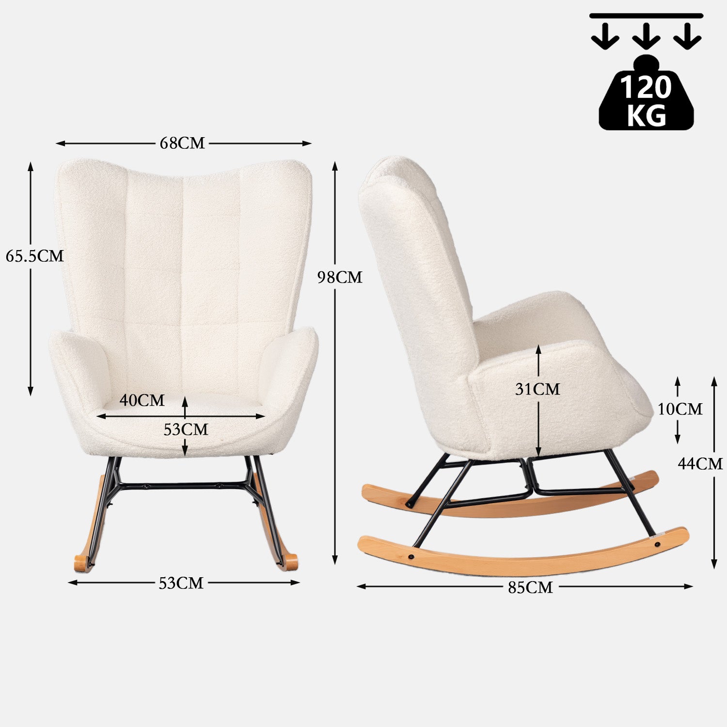 Fauteuil à bascule allaitement scandinave avec accoudoirs en tissu mouton bouclette beige à surpiqûres - FUNKEL