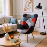 Fauteuil scandinave avec accoudoirs en tissu patchwork à surpiqûres - FUNKEL