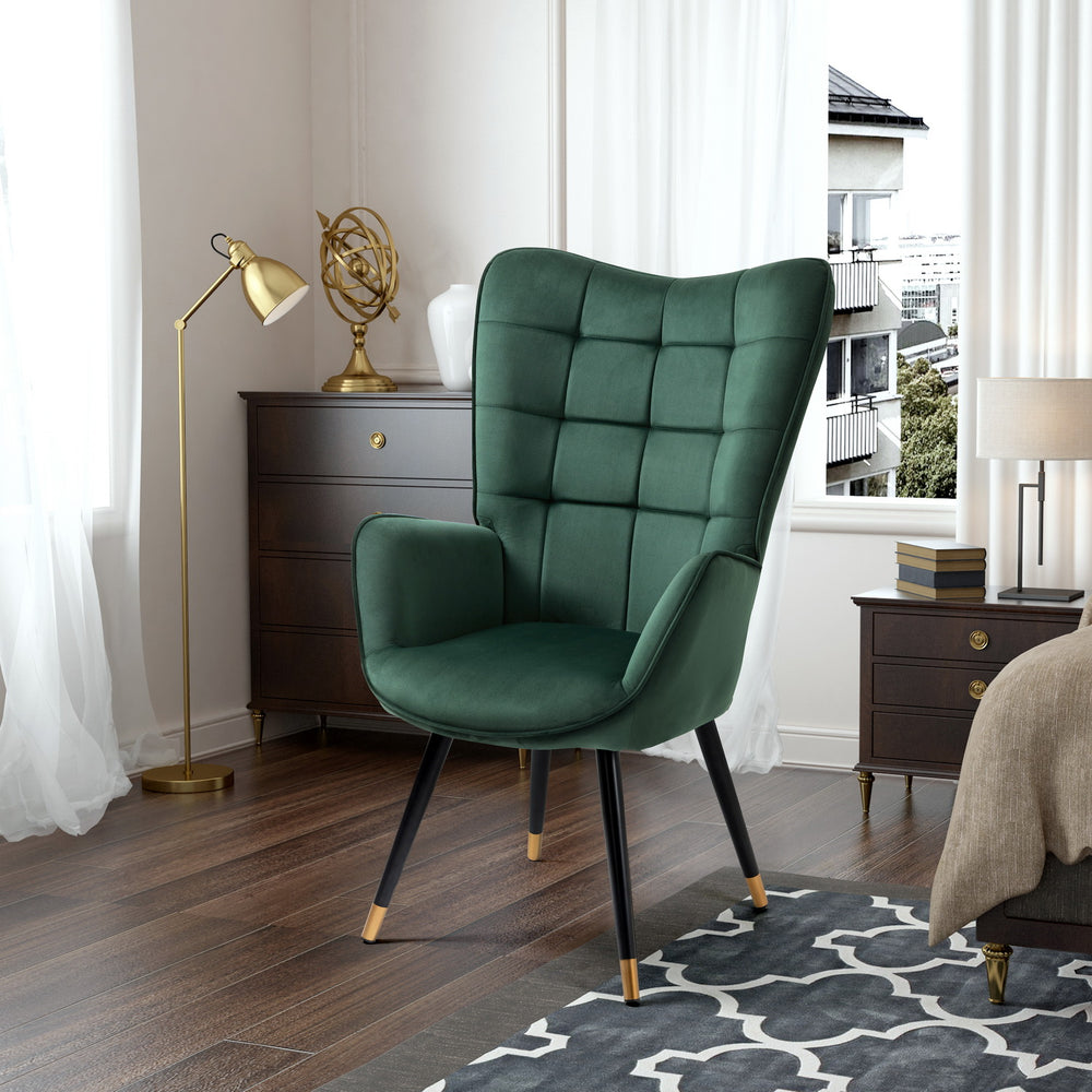Scandinavian armchair with green velvet armrests with stitching - Funkel