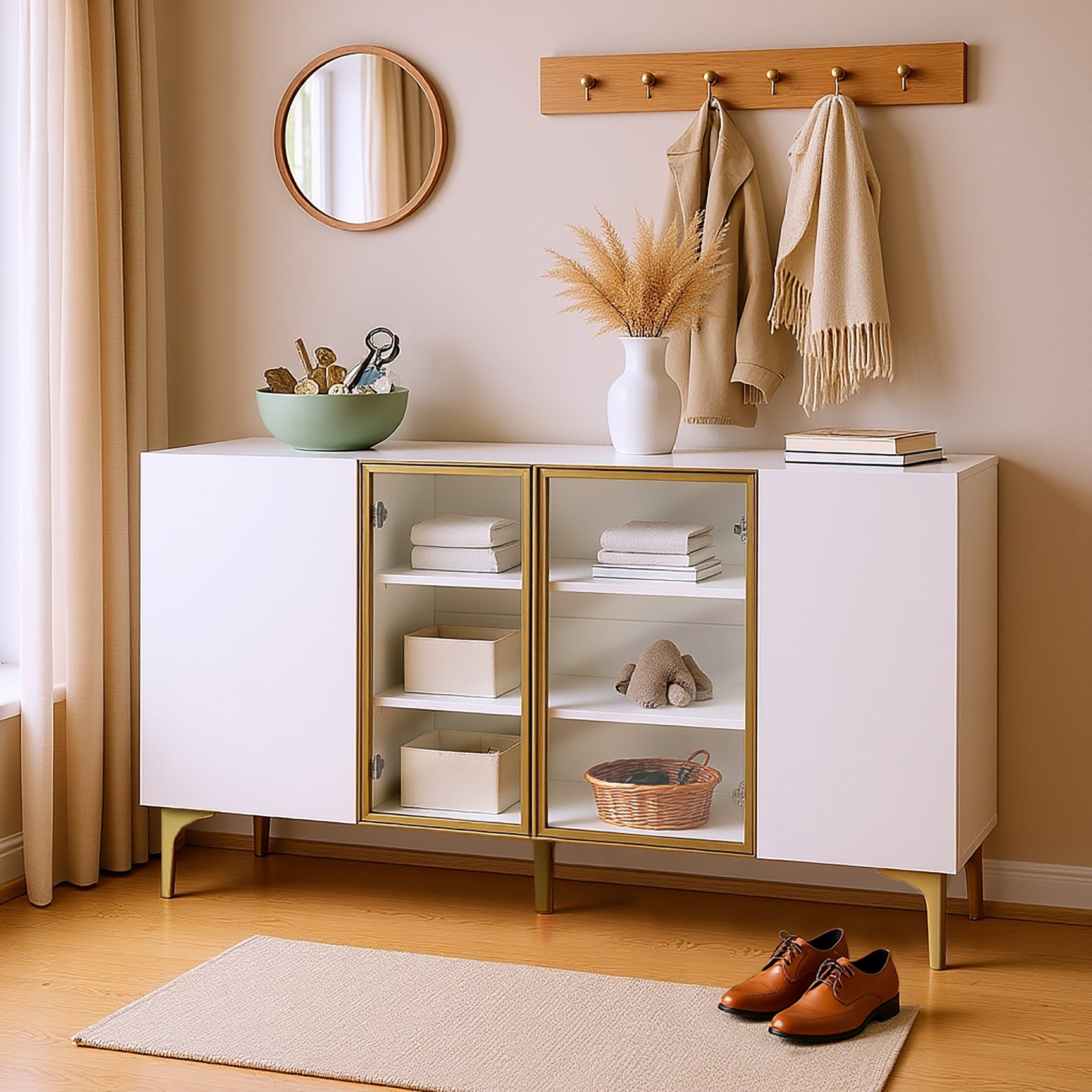 Buffet moderne 4 portes blanc avec verre trempé et pieds en métal doré, design minimaliste avec grand espace de rangement