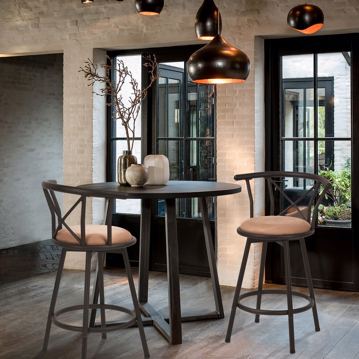 Set mit 6 drehbaren Industrie-Barhockern mit brauner Stoffrückseite – HAILEY 24