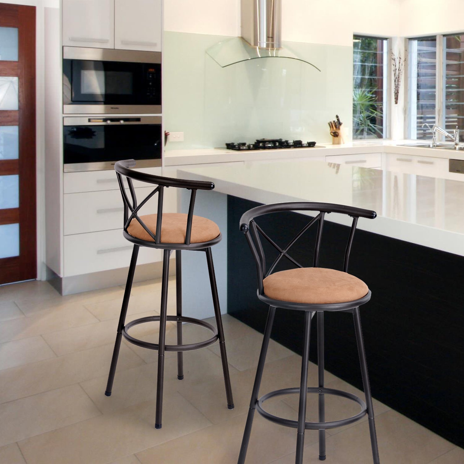 Set von 2 schwenkbaren Industriestangenhockern mit brauner Stoff -Rückenlehne - Hailey 29