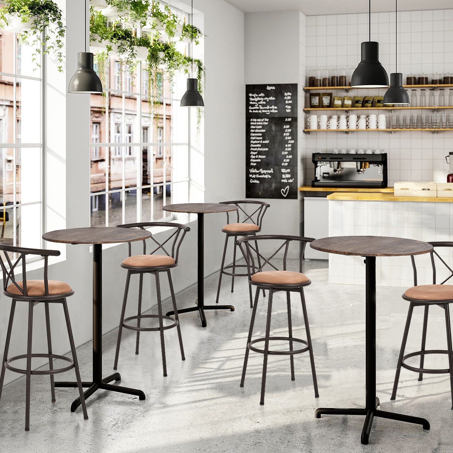 Set von 4 drehenden Industriestangenhocker mit brauner Stoffdatei - Hailey 29