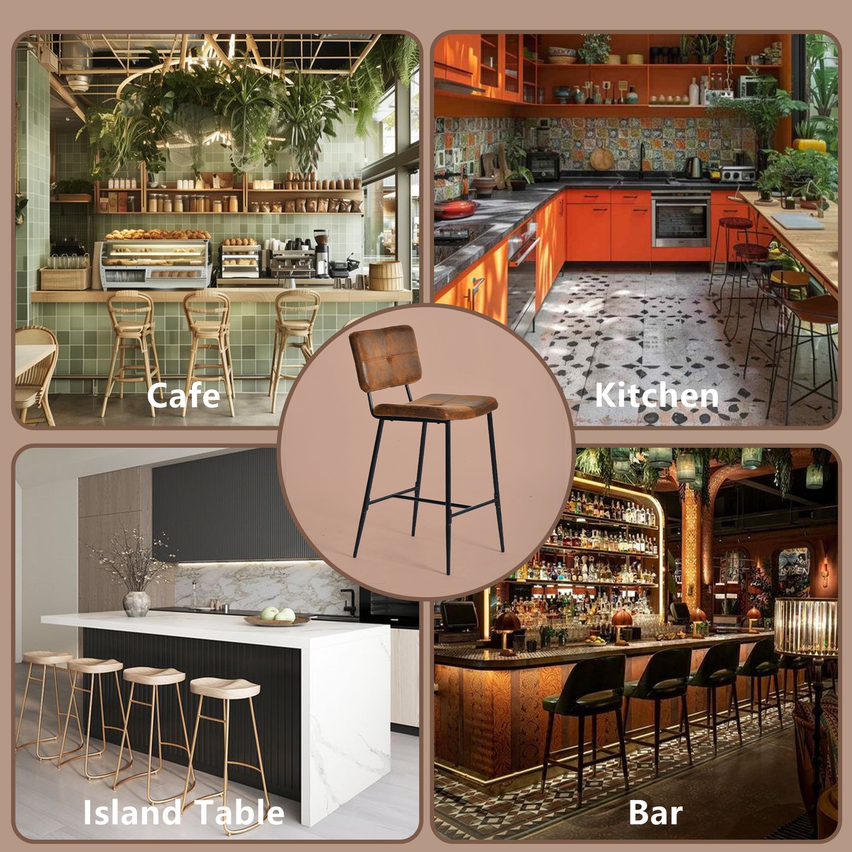Juego de 4 taburetes de bar industriales con respaldo de ante - POMONA BAR