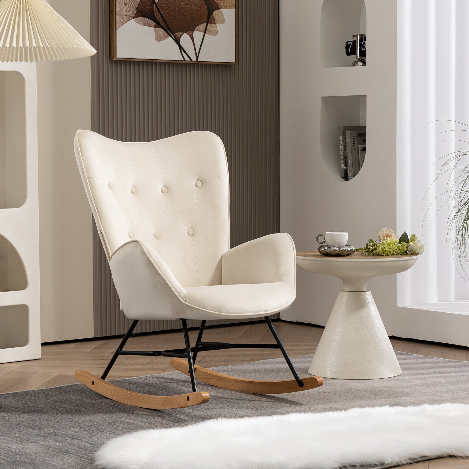 Comoda sedia a dondolo scandinava per allattamento in velluto beige imbottito - EPPING BEIGE