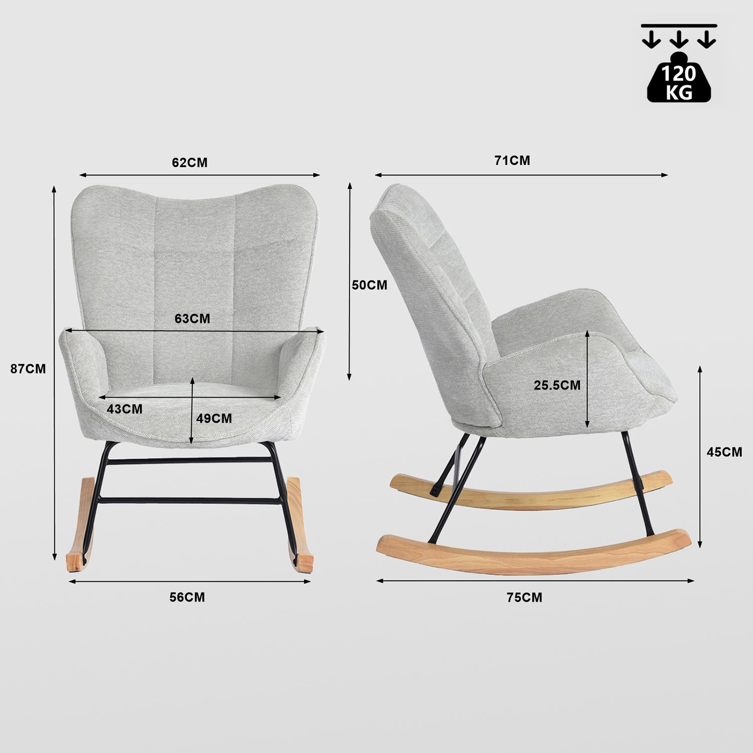 Fauteuil à bascule allaitement scandinave avec accoudoirs en chenille gris cendré à surpiqûres - KANAS