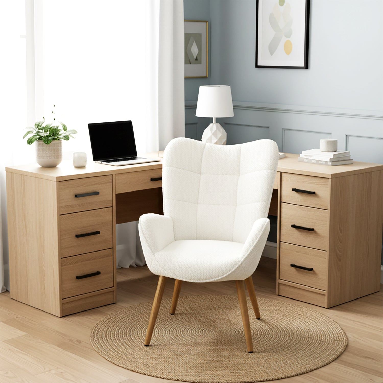 Fauteuil scandinave avec accoudoirs en tissu mouton bouclette beige à surpiqûres - KANAS