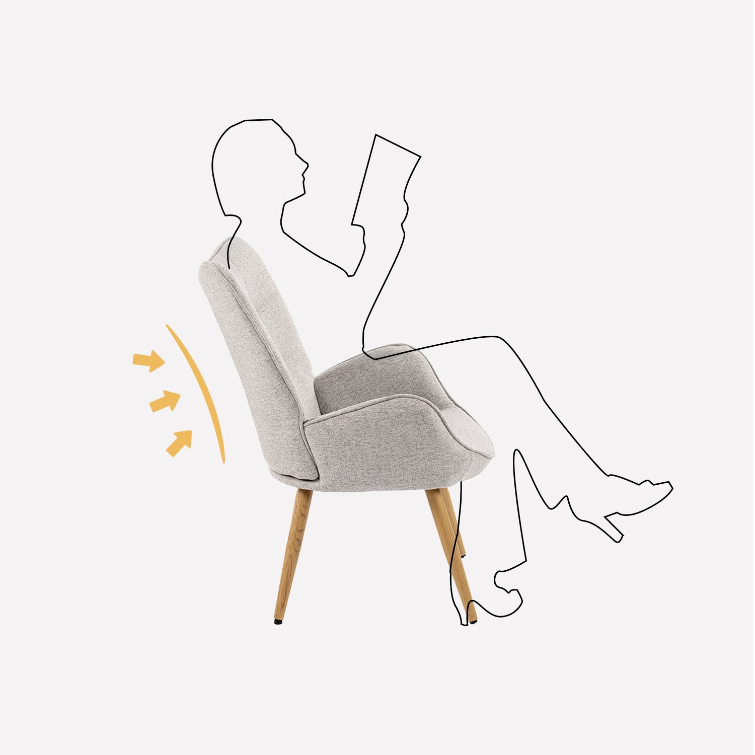 Scandinavian armchair with armrests in gray fabric with stitching