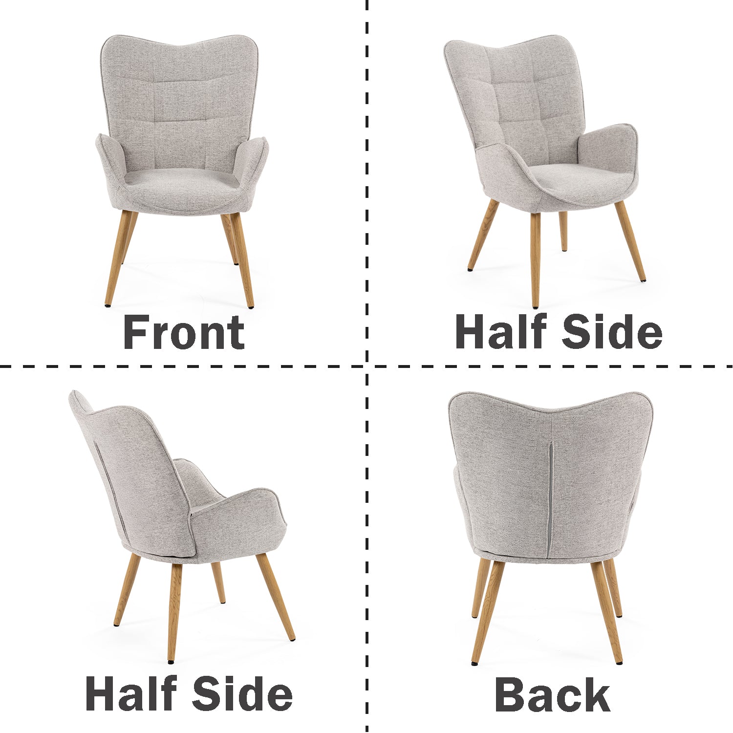 Scandinavian armchair with armrests in gray fabric with stitching