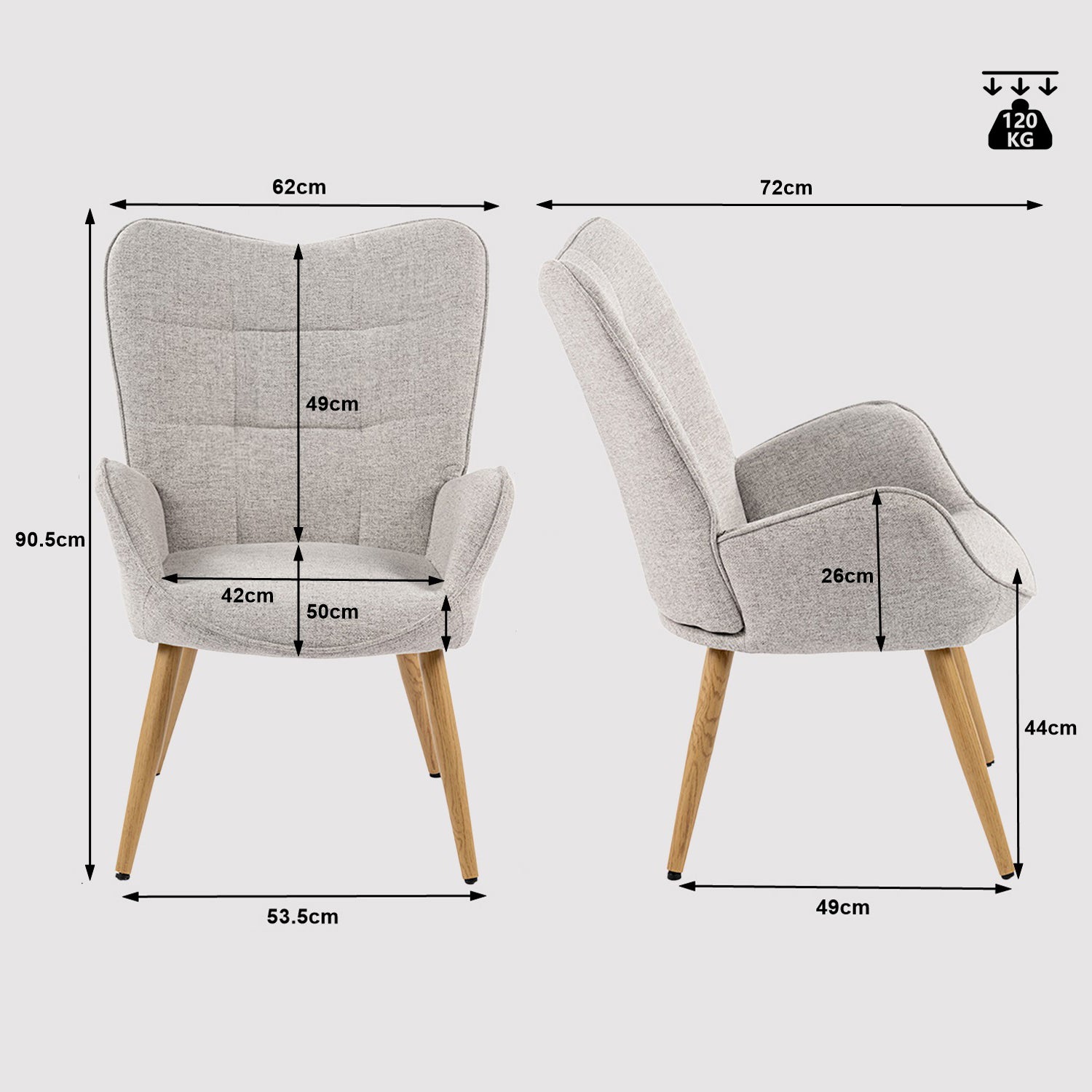 Scandinavian armchair with armrests in gray fabric with stitching