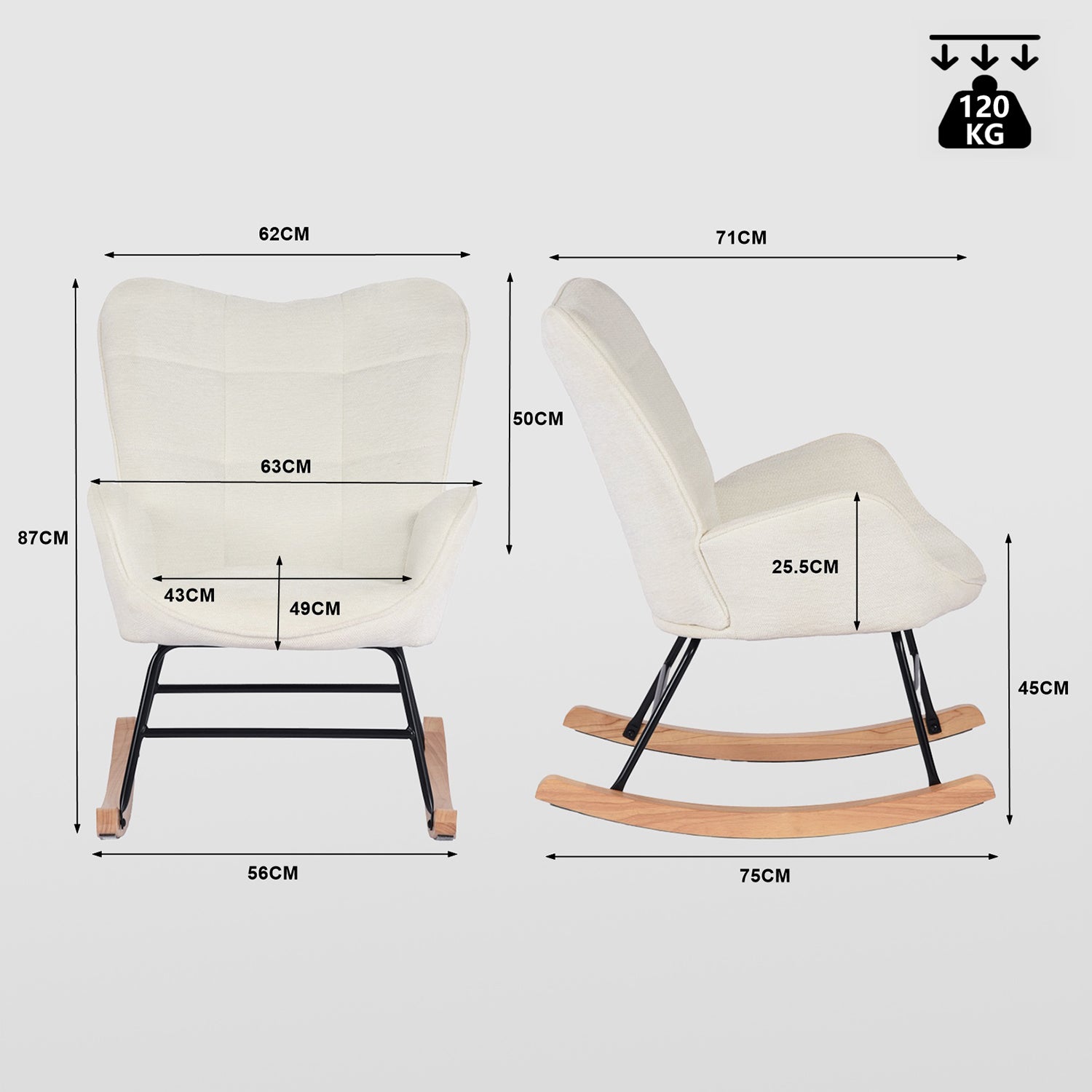 Fauteuil à bascule allaitement scandinave avec accoudoirs en chenille blanche à surpiqûres - KANAS