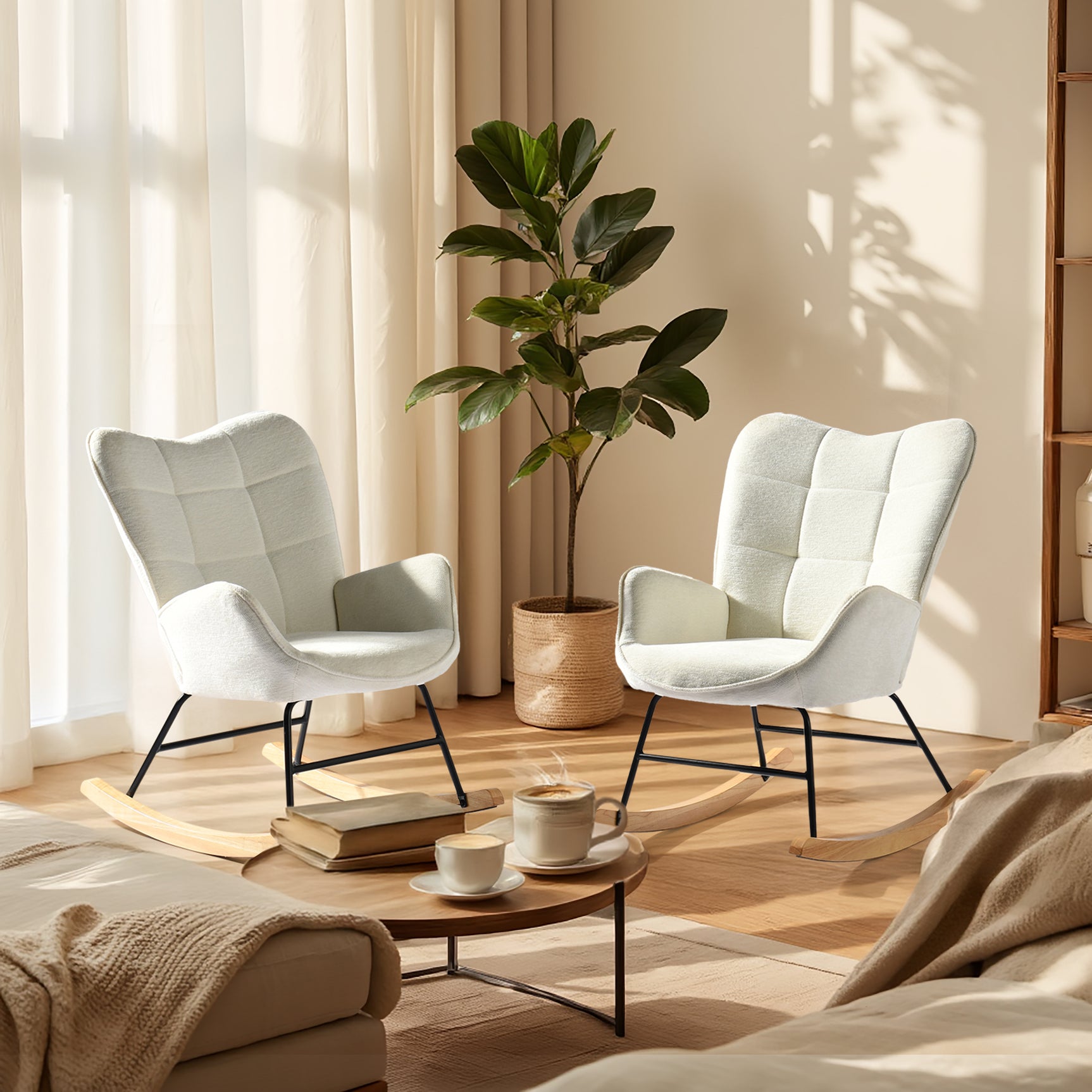 Fauteuil à bascule allaitement scandinave avec accoudoirs en chenille blanche à surpiqûres - KANAS