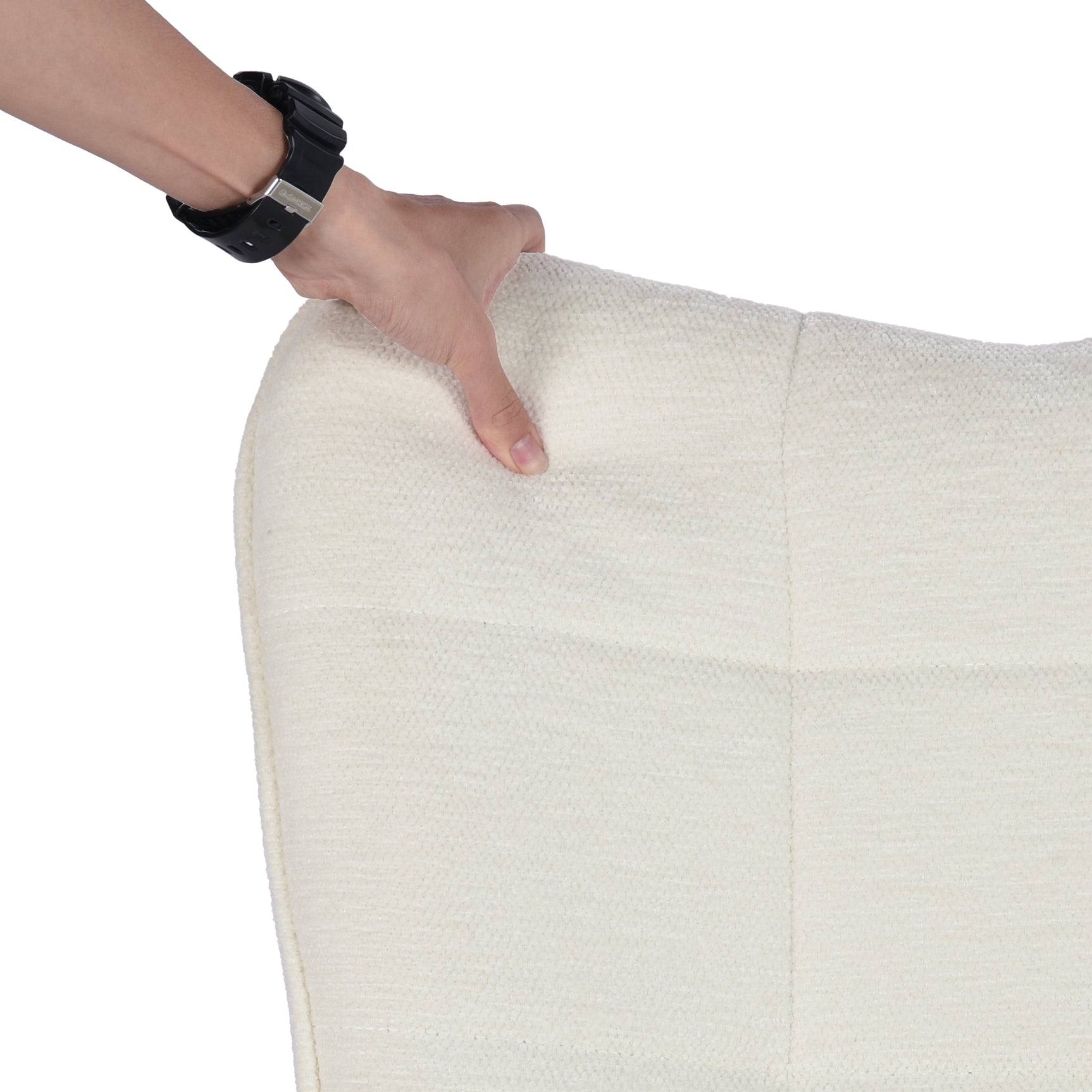 Fauteuil à bascule allaitement scandinave avec accoudoirs en chenille blanche à surpiqûres - KANAS