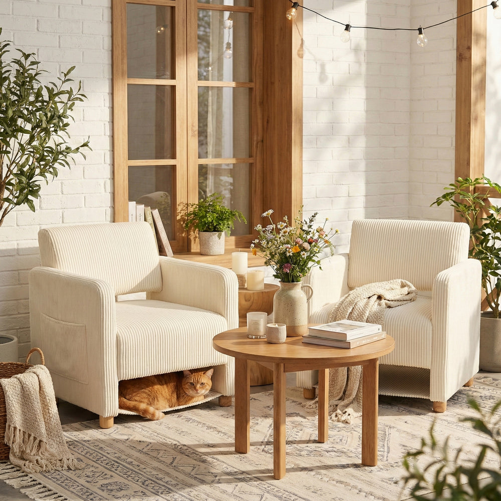 Loungesessel mit Armlehnen aus beigem Cord – DOMCO