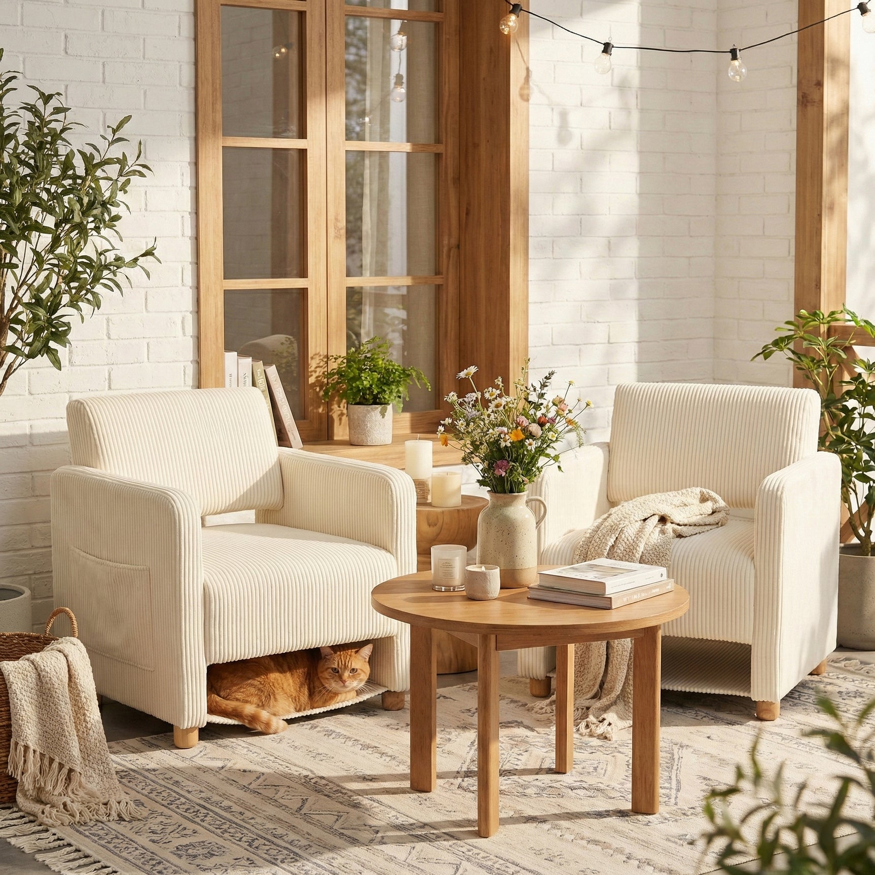 Loungesessel mit Armlehnen aus beigem Cord – DOMCO