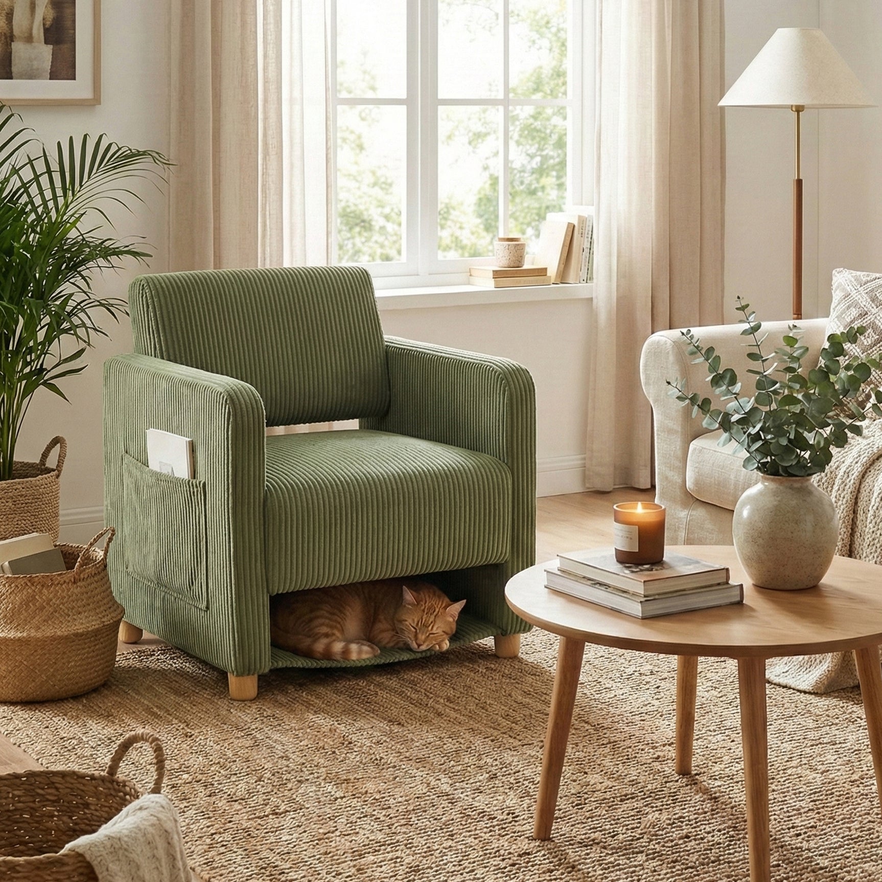 Loungesessel mit Armlehnen aus beigem Cord – DOMCO