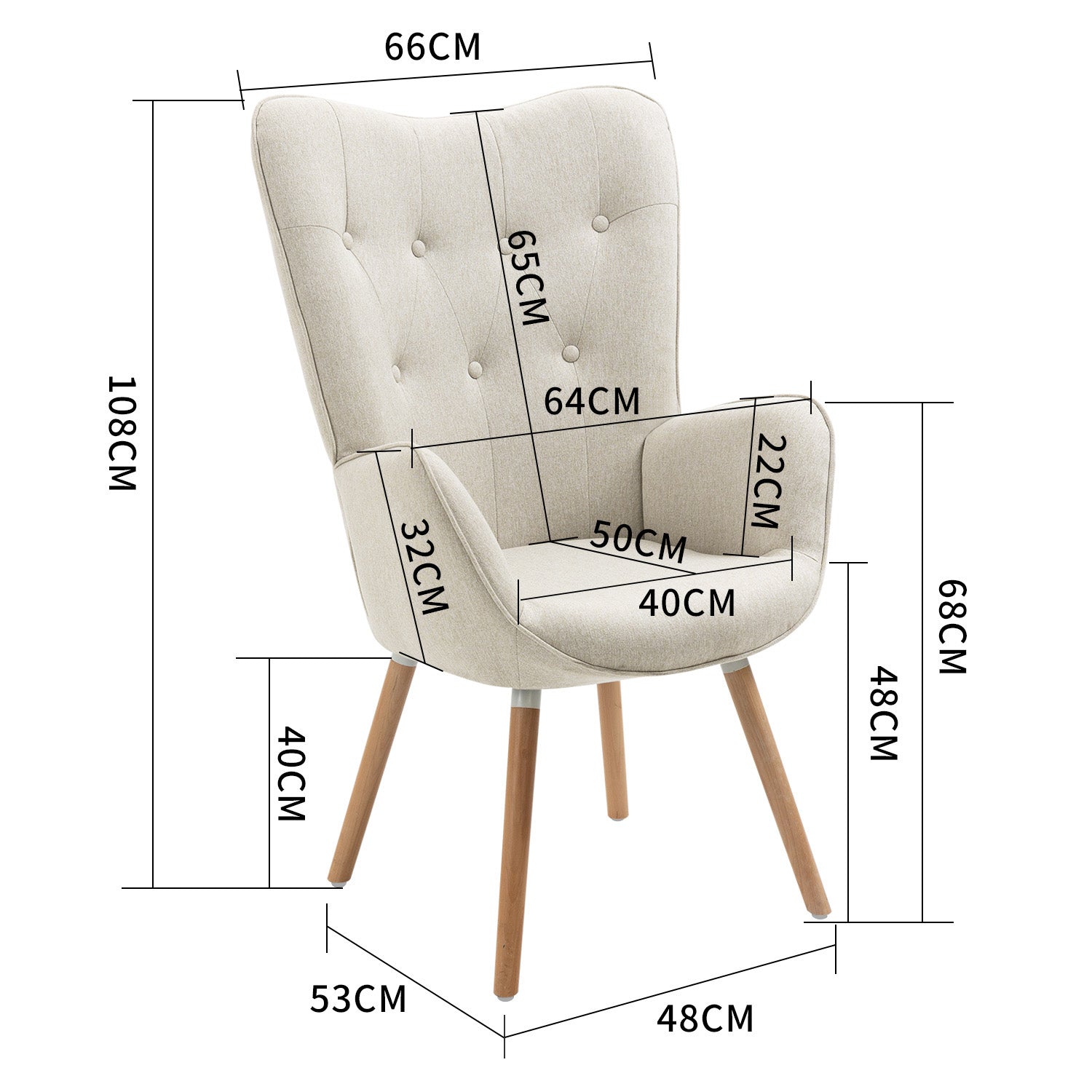 Fauteuil scandinave avec accoudoirs en tissu beige capitonné - KAS