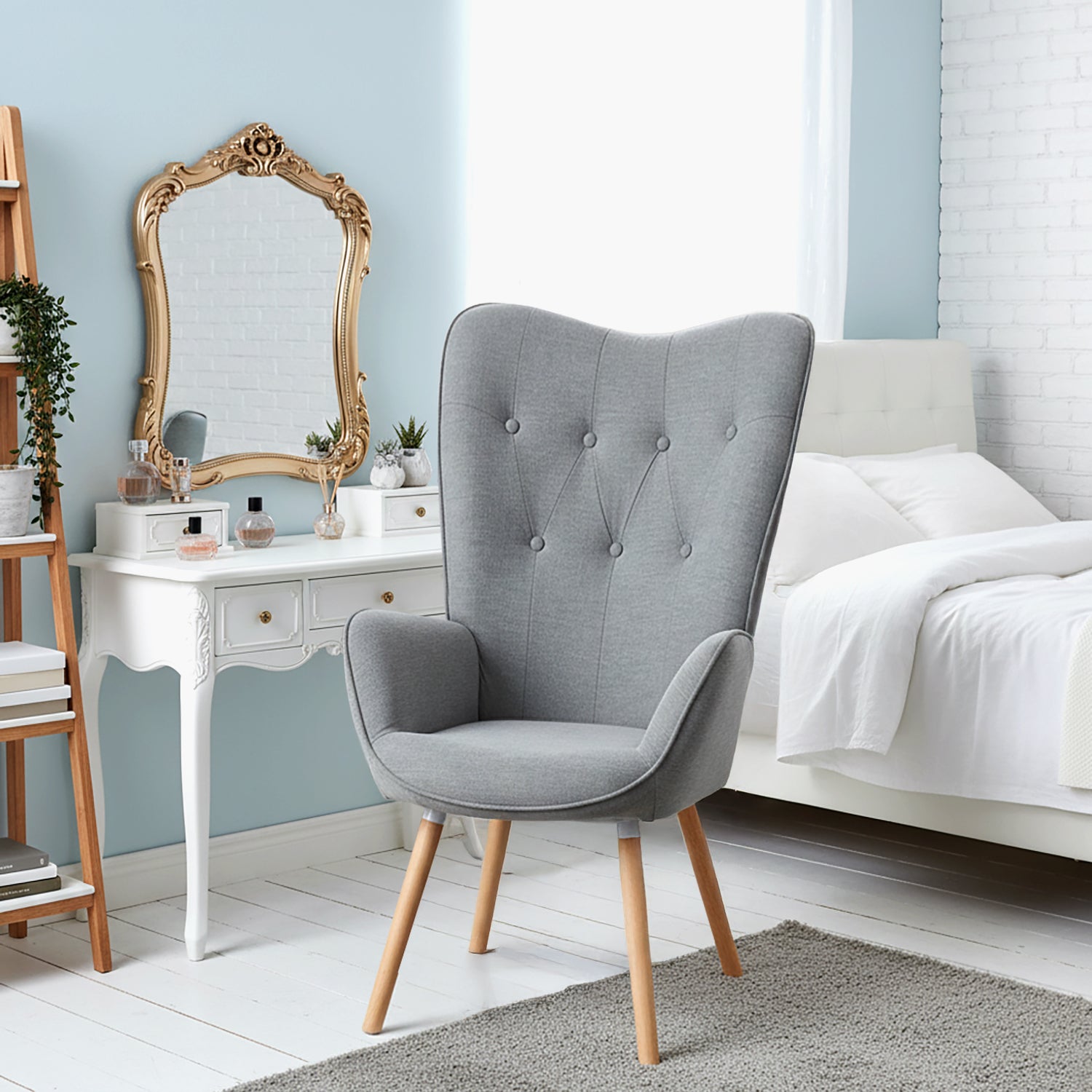 Scandinavian armchair with armrests in padded gray fabric - kas