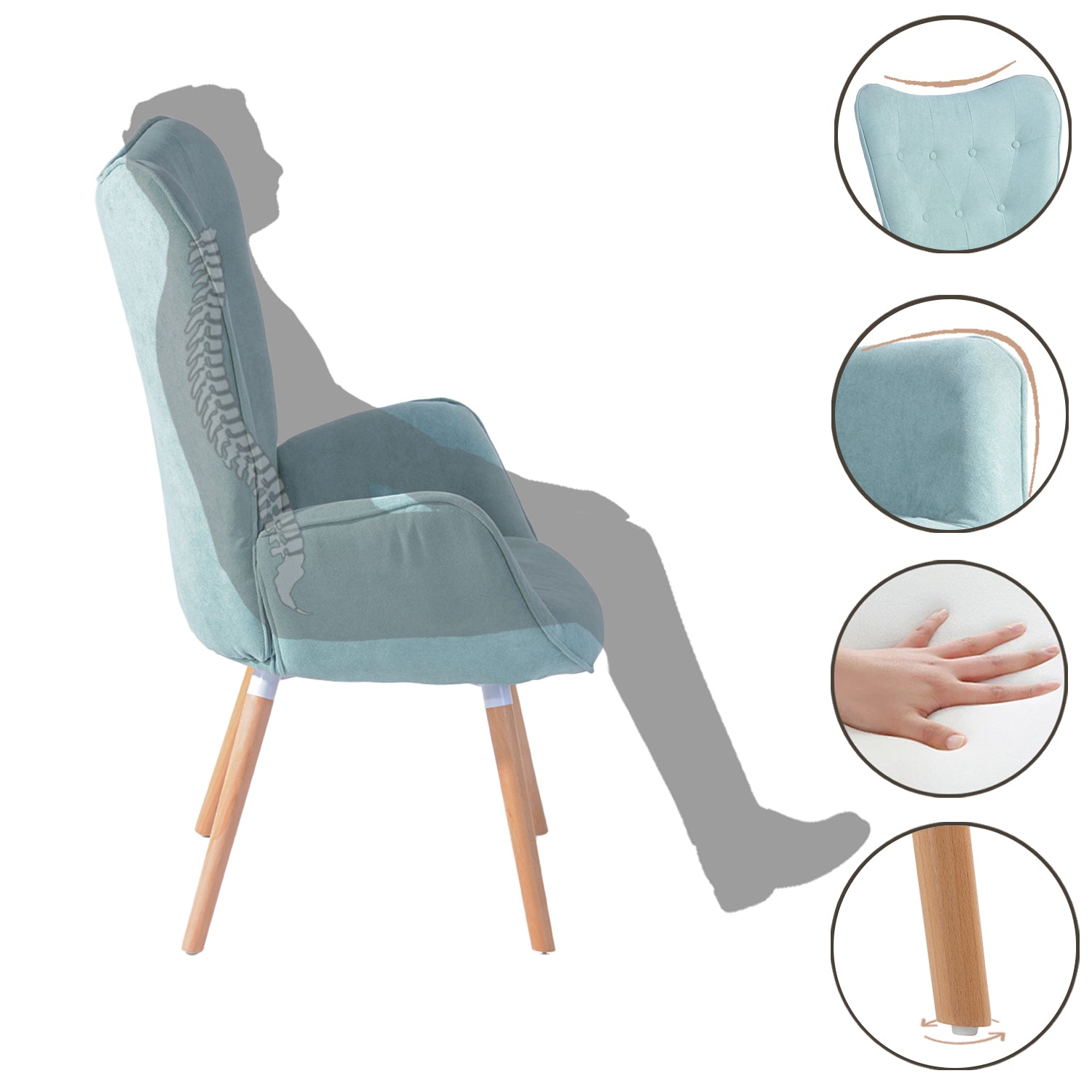 Fauteuil scandinave avec accoudoirs en tissu vert d'eau capitonné - KAS