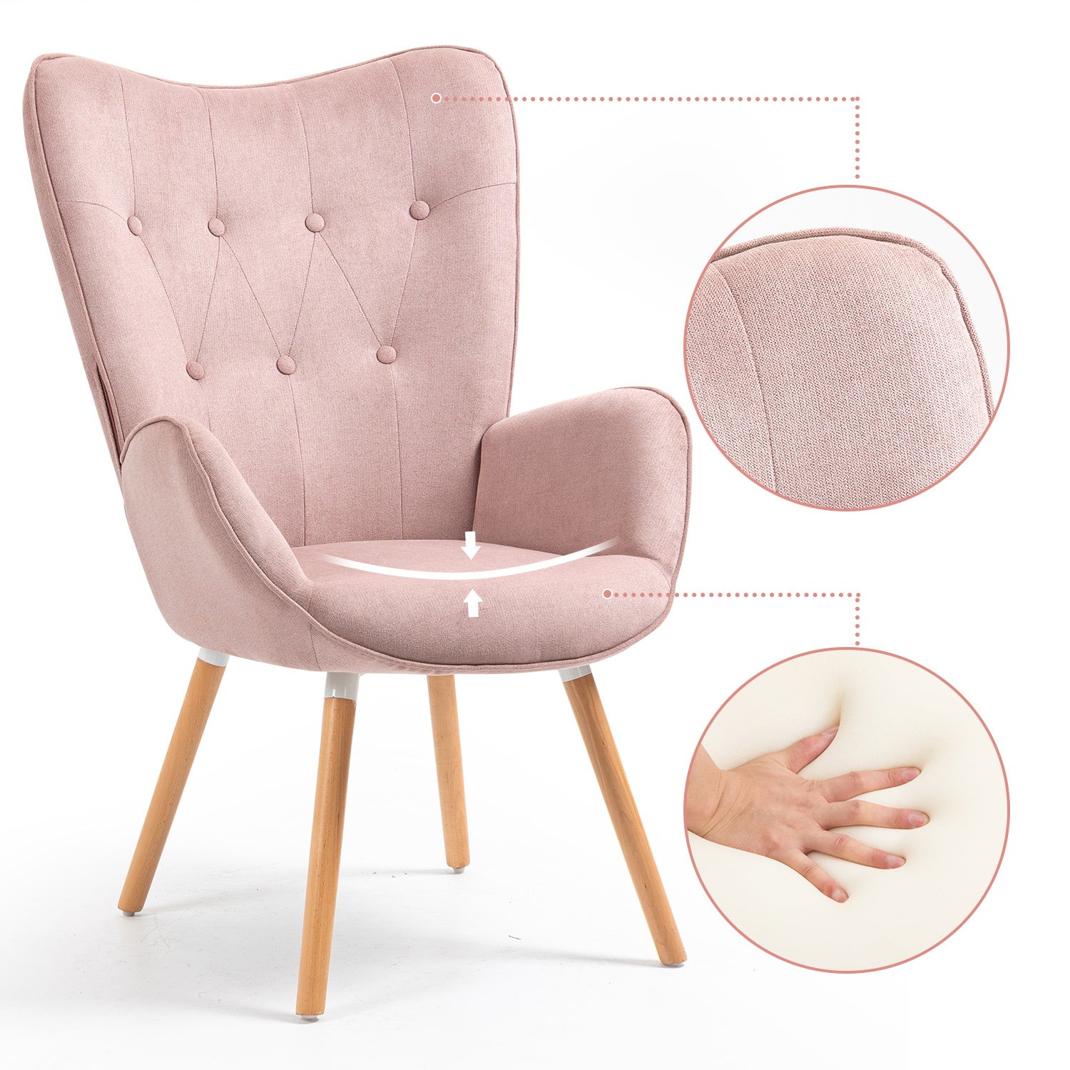 Fauteuil scandinave avec accoudoirs en tissu rose capitonné - KAS
