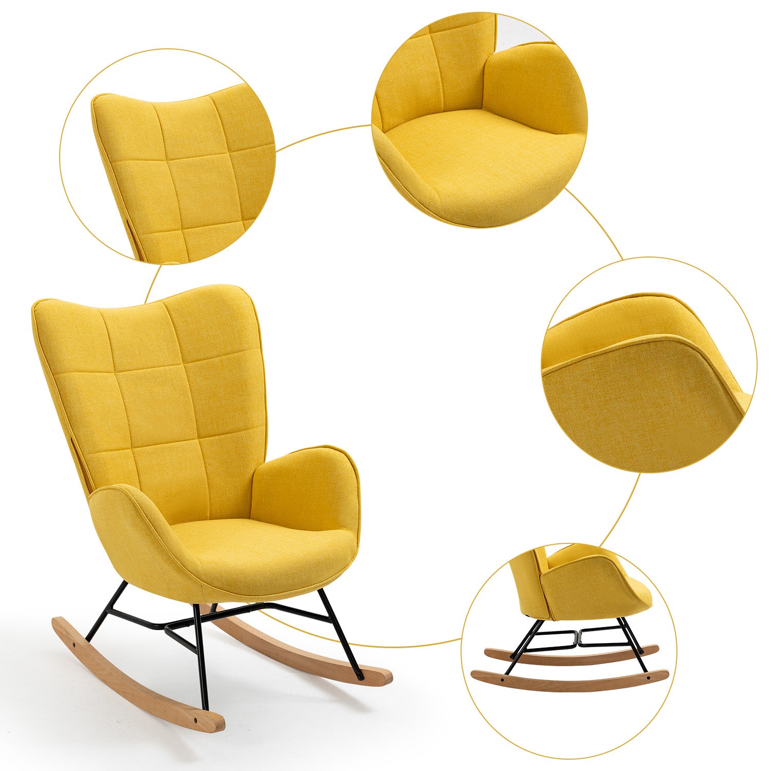 Poltrona scandinava che allatta al seno con bracciale in tessuto giallo con cuciture - Kelan