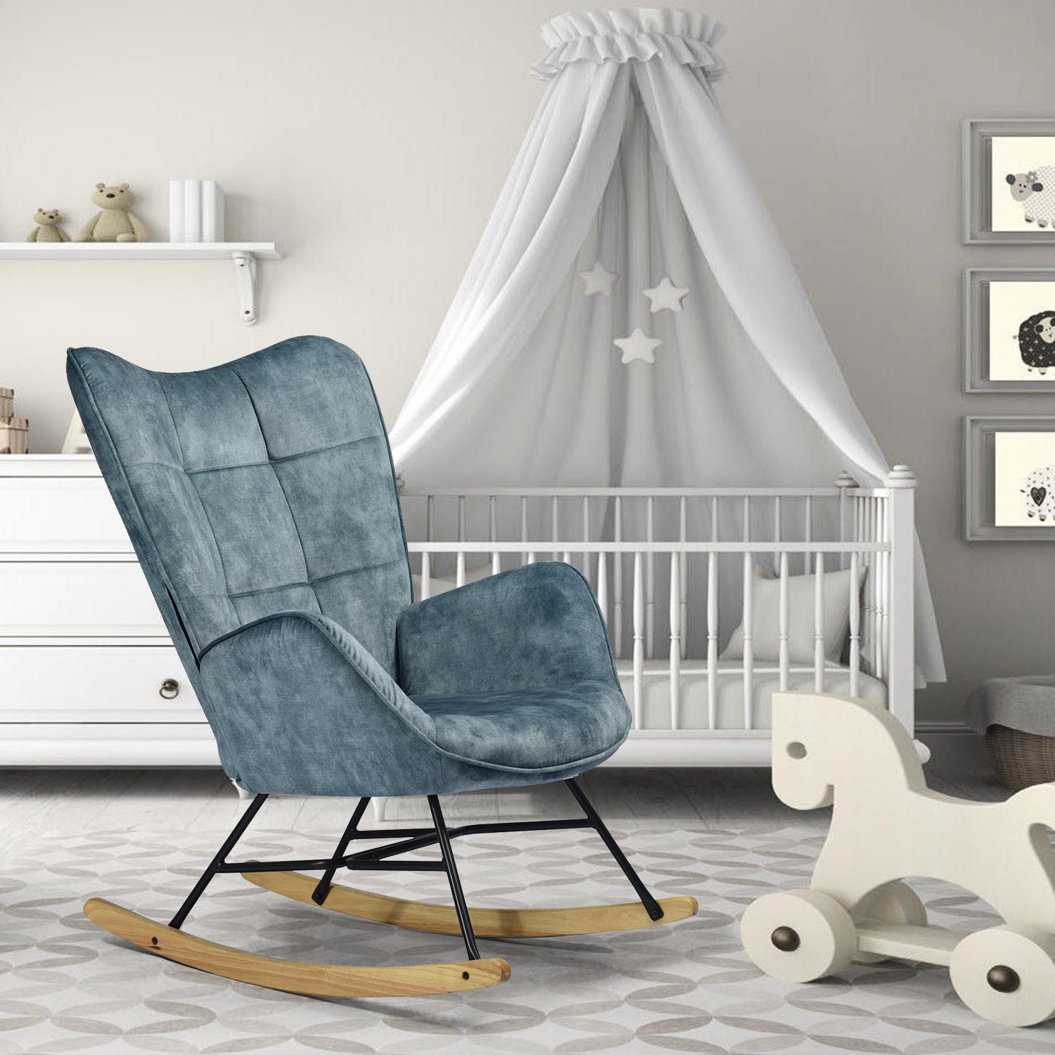 Scandinavian breastfeeding armchair with blue velvet armrests with stitching - kelan
