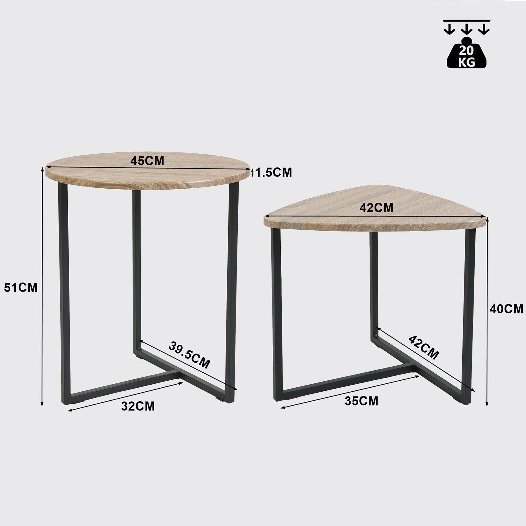 Lot de 2 tables basses gigognes style industriel en métal noir et bois imitation chêne – LAYA