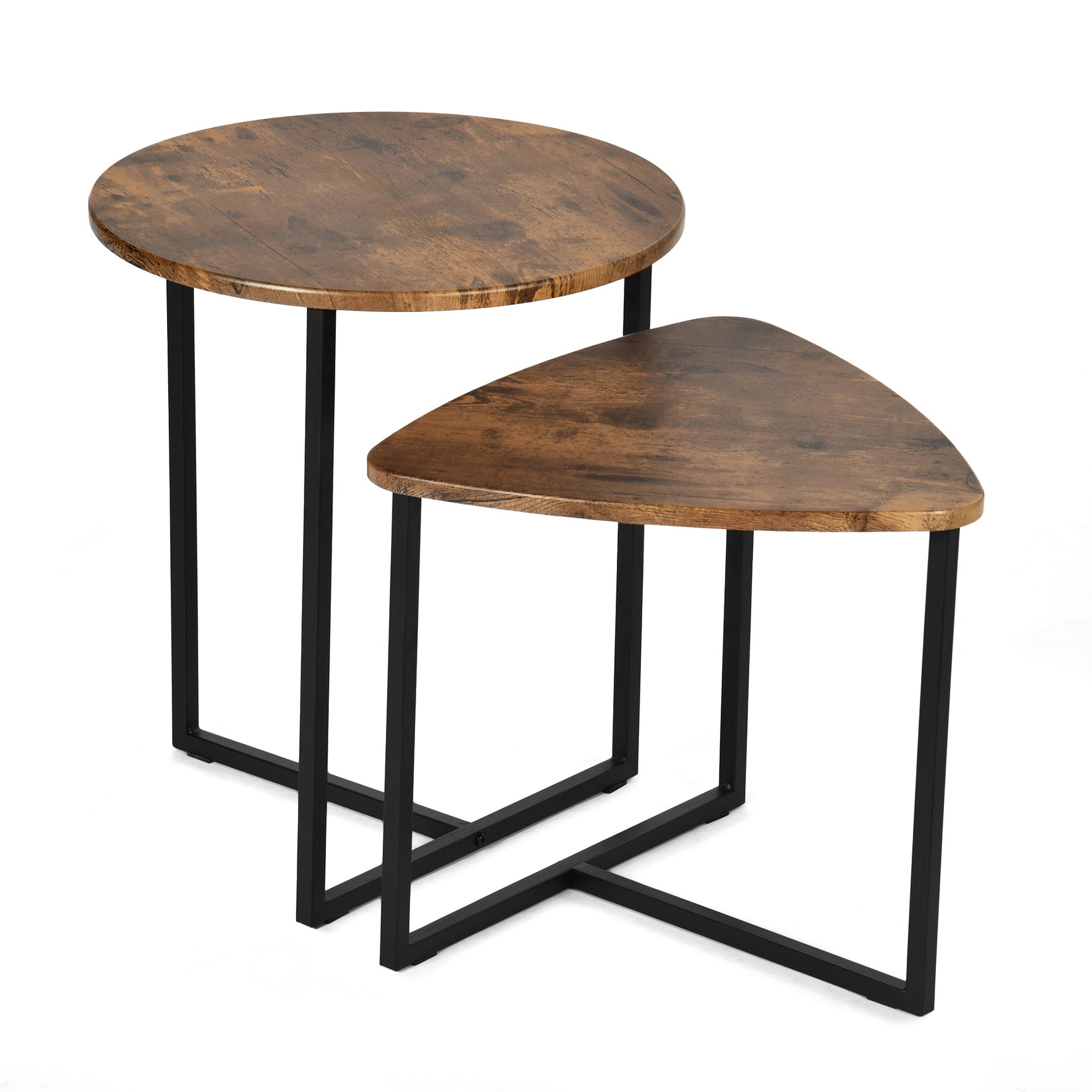 Lot de 2 tables basses gigognes style vintage et industriel en métal noir et bois imitation noyer – LAYA VINTAGE