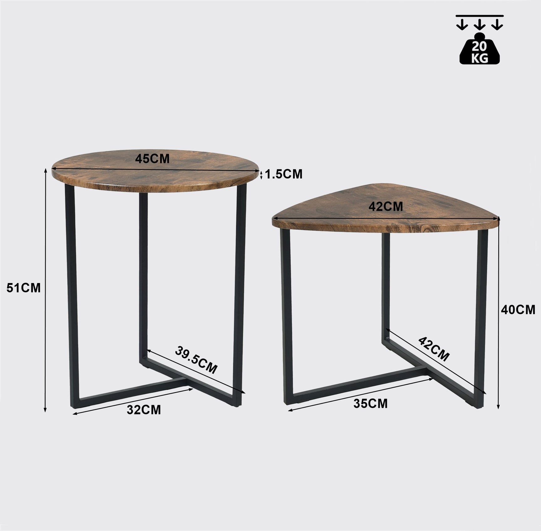 Lot de 2 tables basses gigognes style vintage et industriel en métal noir et bois imitation noyer – LAYA VINTAGE
