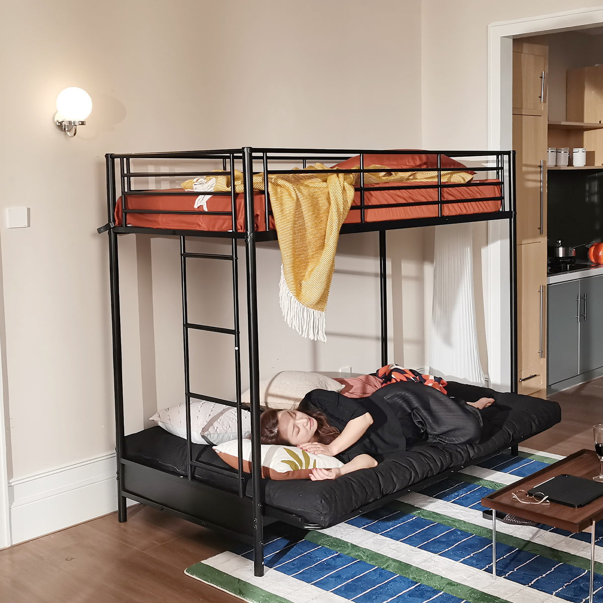 Bunk bed 90x190cm with convertible bench sofa and slatted base in black metal (mattress not included) - Liberty