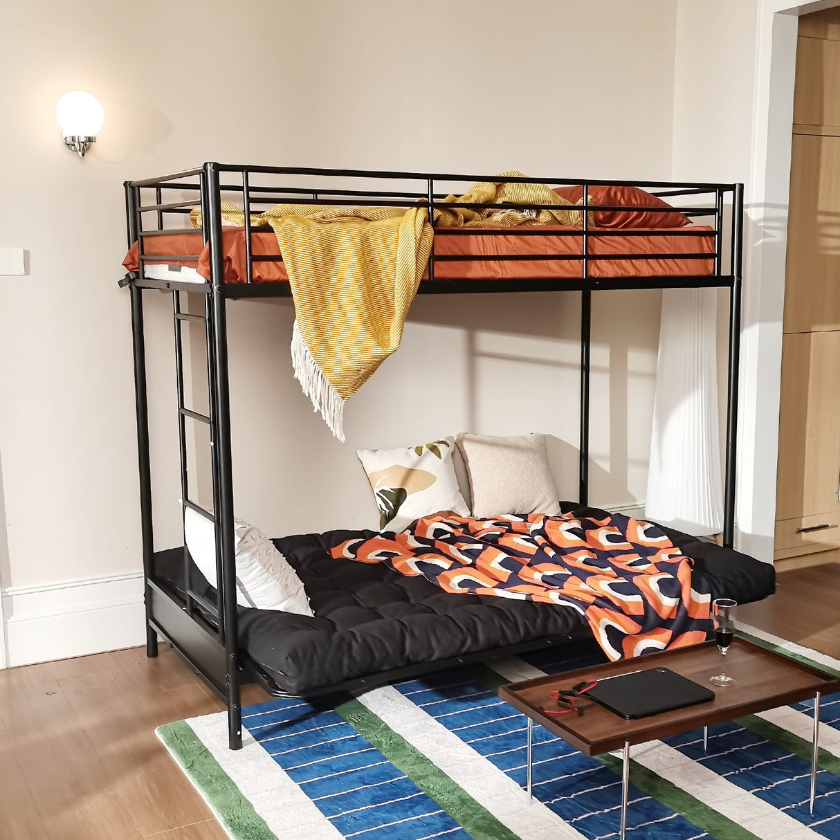 Lit superposé 90x190cm avec banquette convertible canapé et sommier à lattes en métal noir (matelas non inclus) - LIBERTY