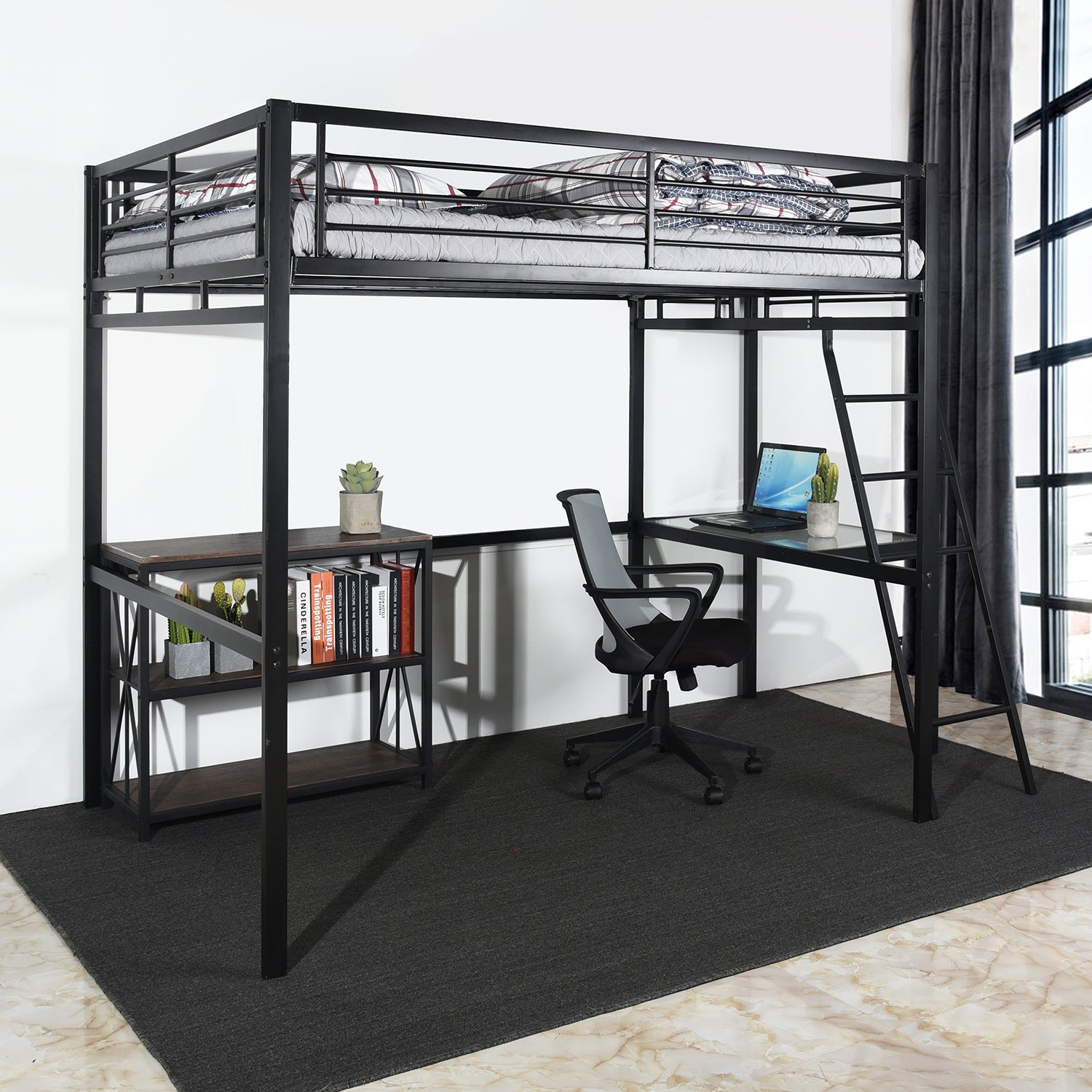 Lit mezzanine 2 places en métal noir avec bureau intégré, couchage de 140x190cm (matelas non inclus) - LIONEL