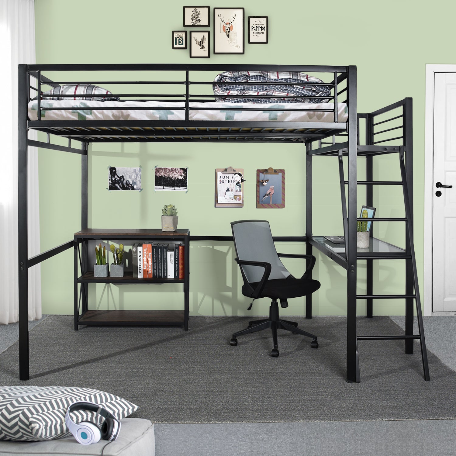 Lit mezzanine 2 places en métal noir avec bureau intégré, couchage de 140x190cm (matelas non inclus) - LIONEL