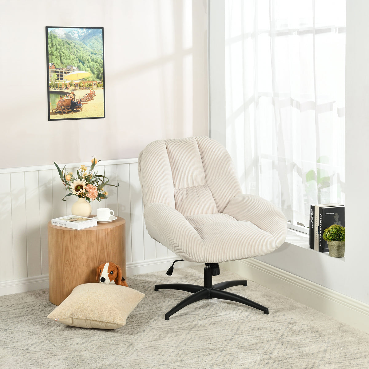 Fauteuil de bureau pivotant scandinave avec accoudoirs en velours côtelé, réglable, beige - LITHOPS FIX