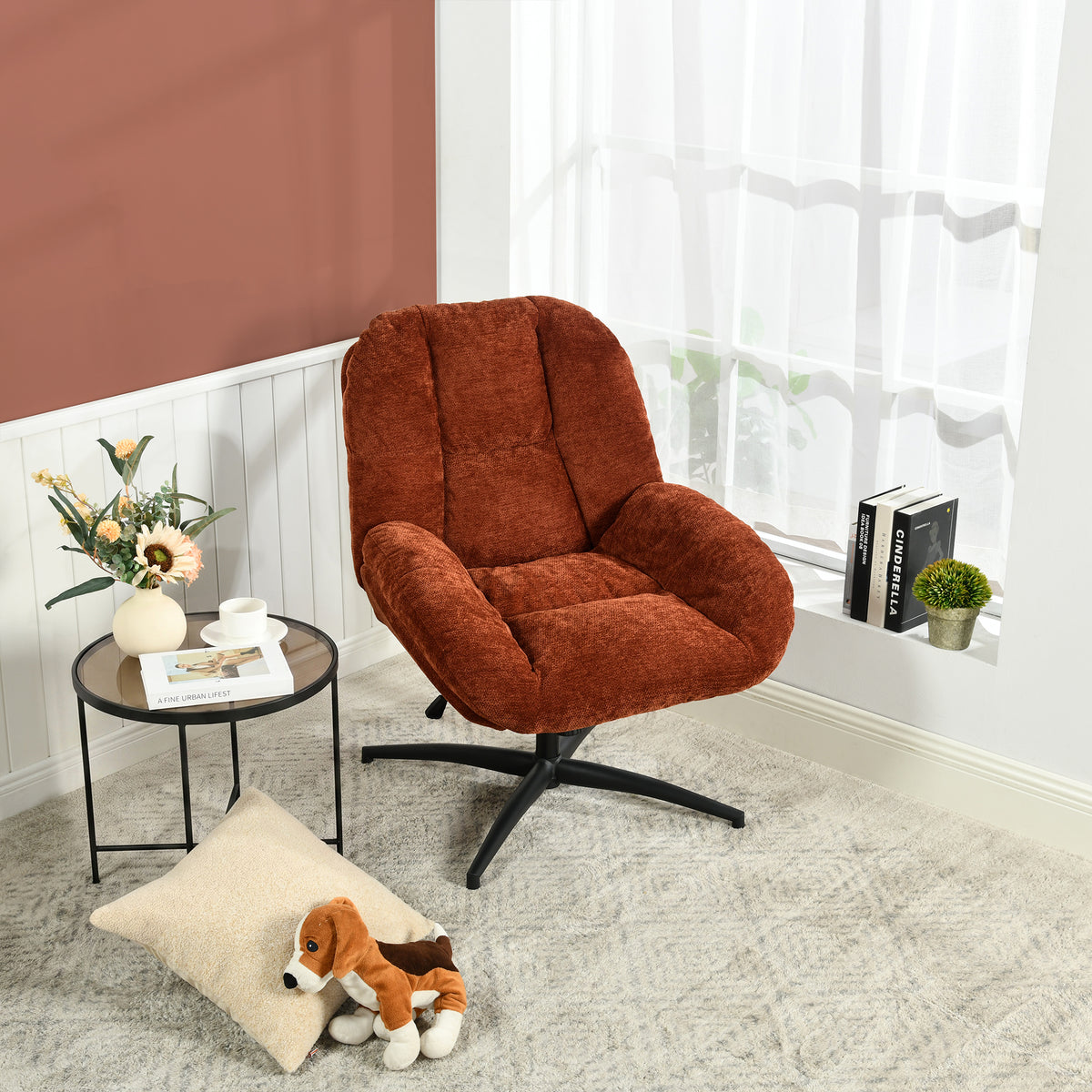 Fauteuil de bureau pivotant scandinave avec accoudoirs en tissu chenille, réglable, terracotta - LITHOPS FIX