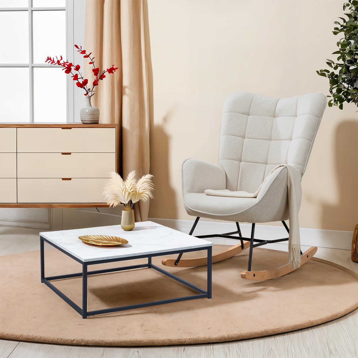 Zeitgenössischer Stil quadratischer Couchtisch, Marmoreffekt Holzschale, Black Metal Struktur - facto
