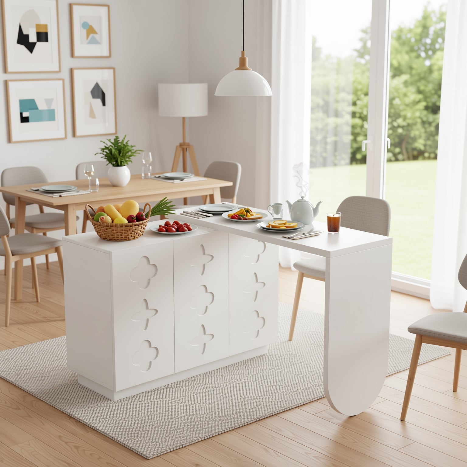 Bureau d'angle pivotant en L blanc de 110 cm, avec 3 placards de rangement, portes à fermeture douce et étagères réglables, idéal pour un bureau ou un studio de beauté