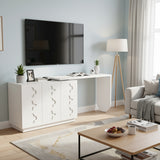 Bureau d'angle pivotant en L blanc de 110 cm, avec 3 placards de rangement, portes à fermeture douce et étagères réglables, idéal pour un bureau ou un studio de beauté