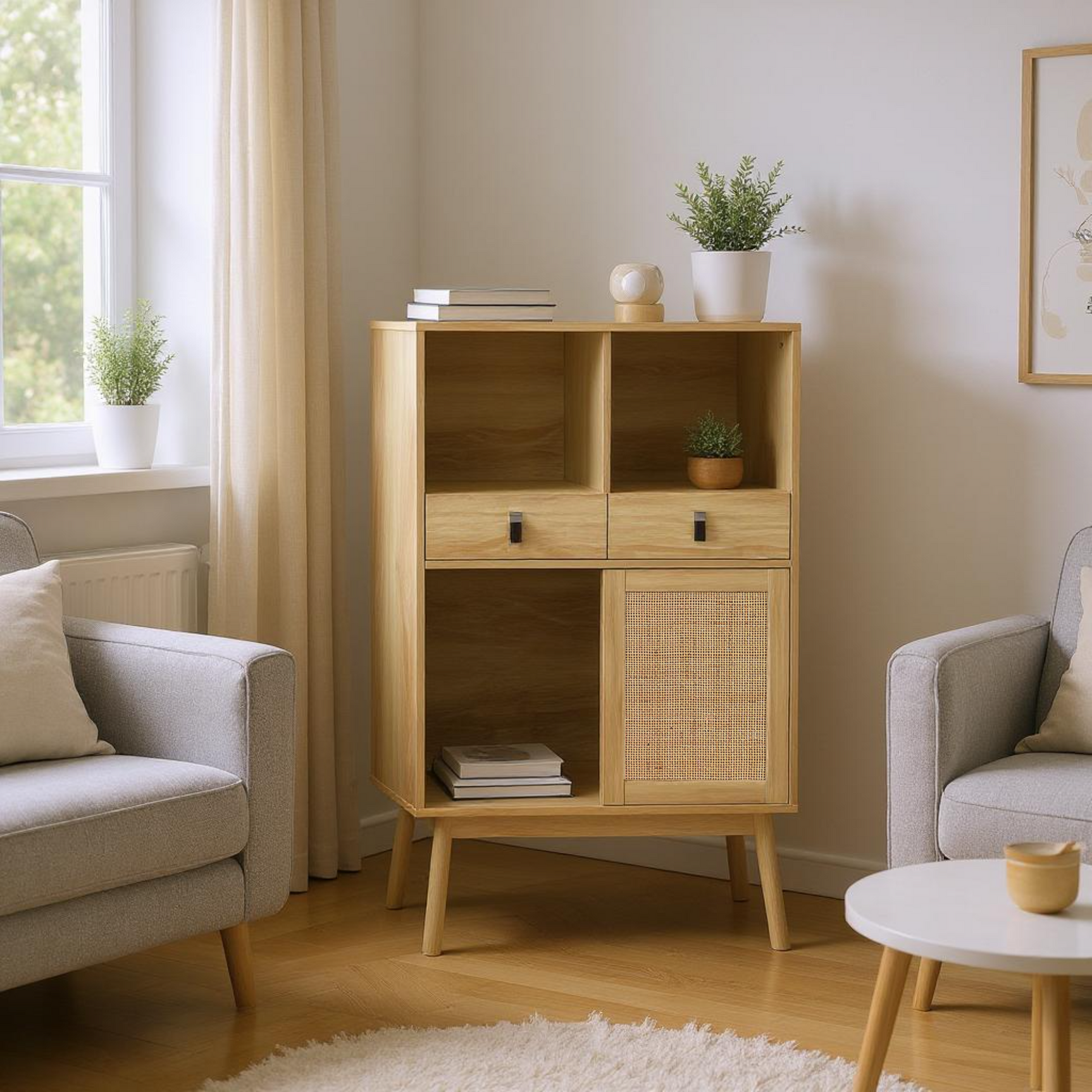 Modernes Holzbuffet mit hohem hochstilem Stil mit natürlichen Rattan -Türen, 2 Schubladen und 2 offenen Nischen - 80x39.5x120 cm