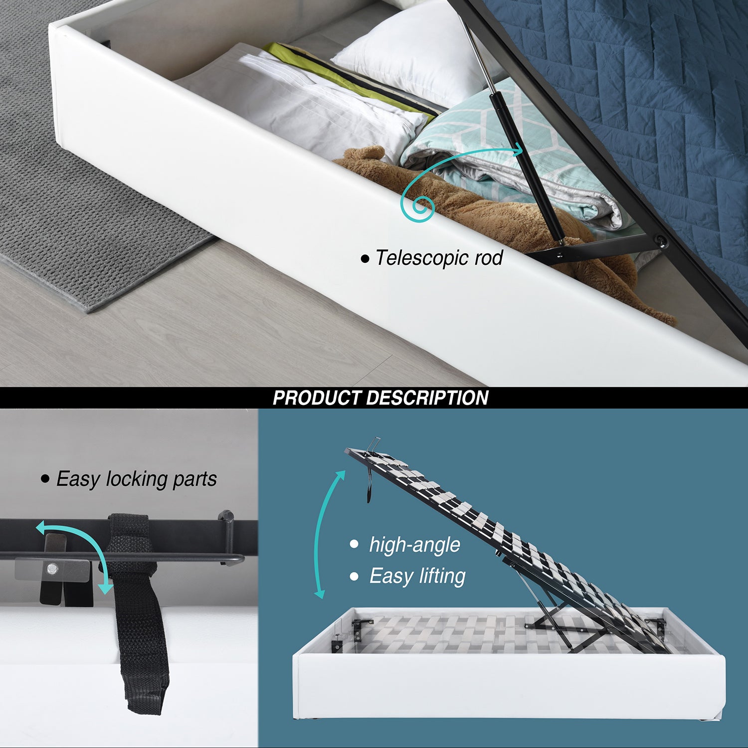 Lit coffre 2 places (160x200) avec sommier à lattes au style scandinave en similicuir blanc - MAJESTY