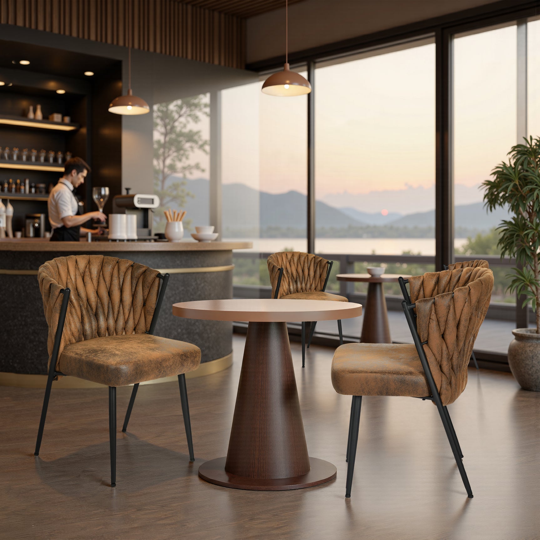 Lot de 6 chaises de salle à manger style rétro vintage avec dossier tressé en suédine marron - MILIANA