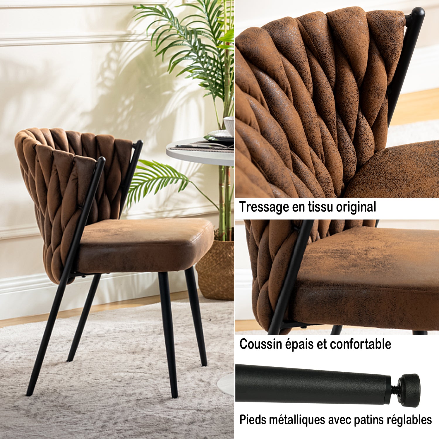 Lot de 2 chaises de salle à manger style rétro vintage avec dossier tressé en suédine marron - MILIANA