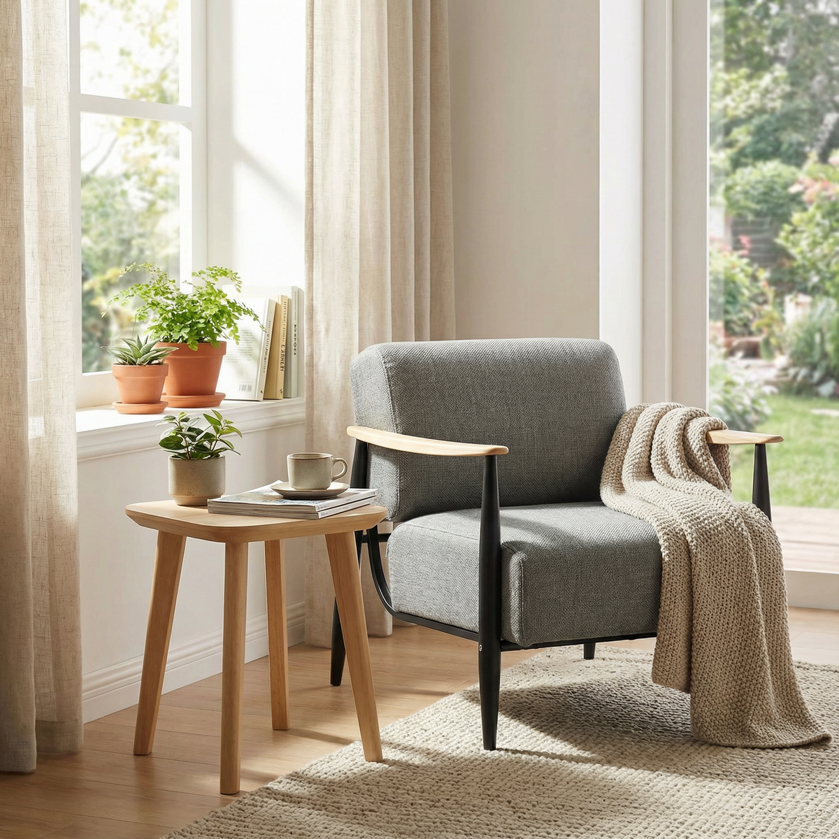 Loungesessel mit Armlehnen aus beigem Cord – DOMCO