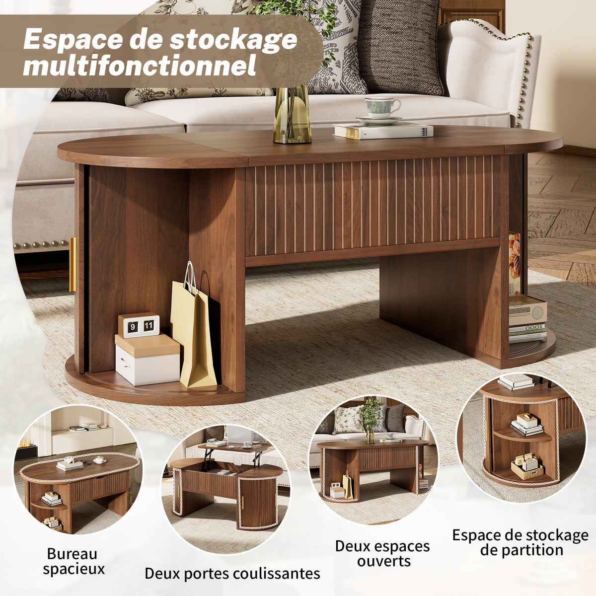 Table basse ovale en panneaux de fibres de MDF couleur noyer, hauteur réglable