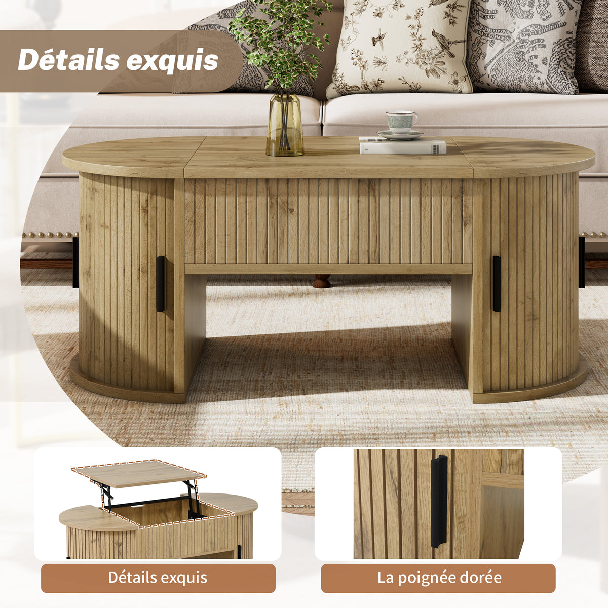 Table basse en MDF de forme ovale, couleur chêne clair, hauteur réglable