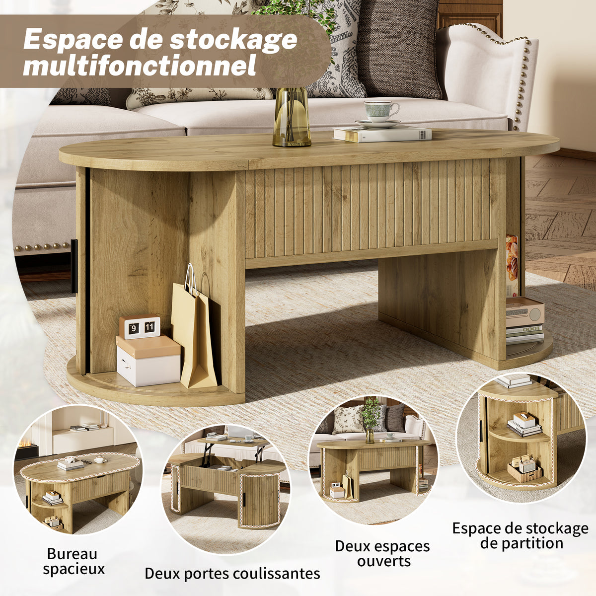 Table basse en MDF de forme ovale, couleur chêne clair, hauteur réglable