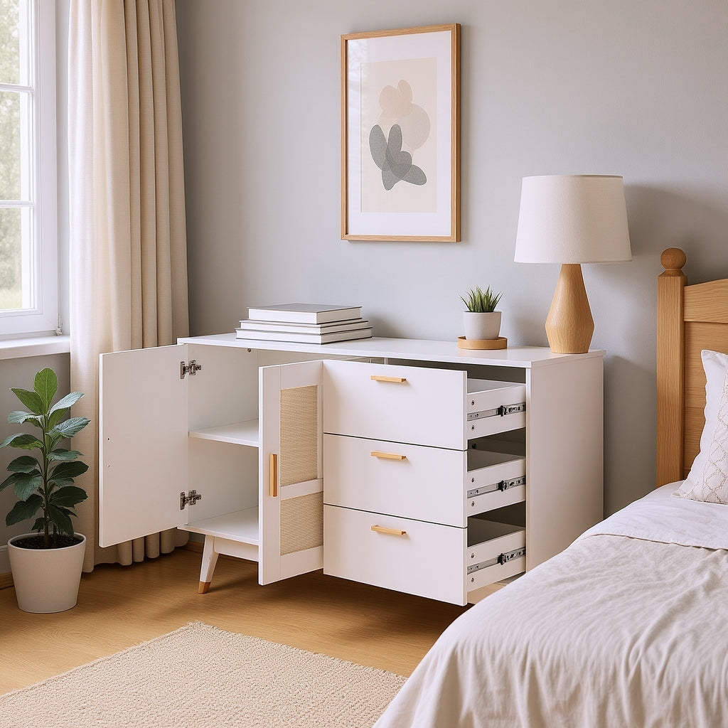 Buffet de ratán blanco decorativo con 2 puertas de ratán y 3 cajones, elegante unidad de almacenamiento multifunción con detalles dorados, 160x40x87 cm
