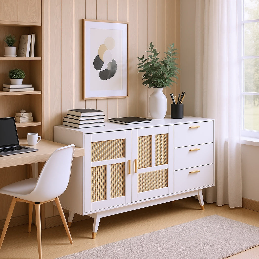Buffet de ratán blanco decorativo con 2 puertas de ratán y 3 cajones, elegante unidad de almacenamiento multifunción con detalles dorados, 160x40x87 cm