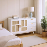 Buffet de ratán blanco decorativo con 2 puertas de ratán y 3 cajones, elegante unidad de almacenamiento multifunción con detalles dorados, 160x40x87 cm